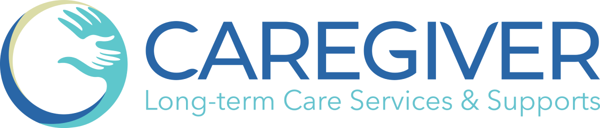 Logo with a hand and blue circle on the left, next to the text "CAREGIVER Long-term Care Services & Supports. Logo with a hand and blue circle on the left, next to the text "CAREGIVER Long-term Care Services & Supports.