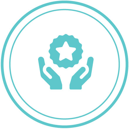 A blue icon of hands holding a star.