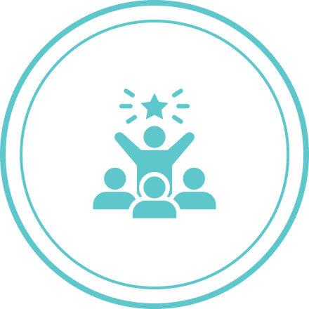 A blue circle with a picture of people and stars.