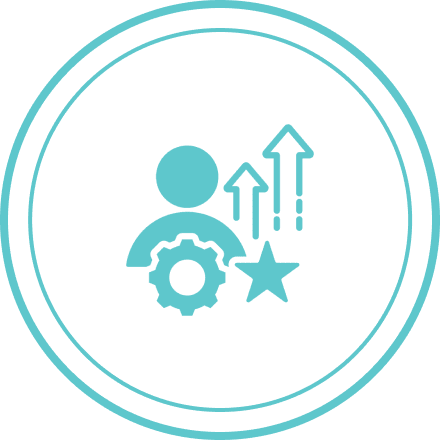 A blue circle with an image of a person and arrows.