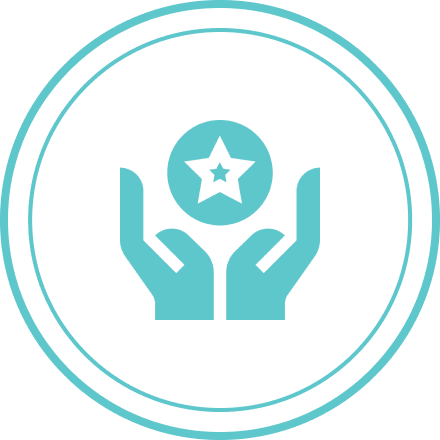 A blue icon of two hands holding a star.