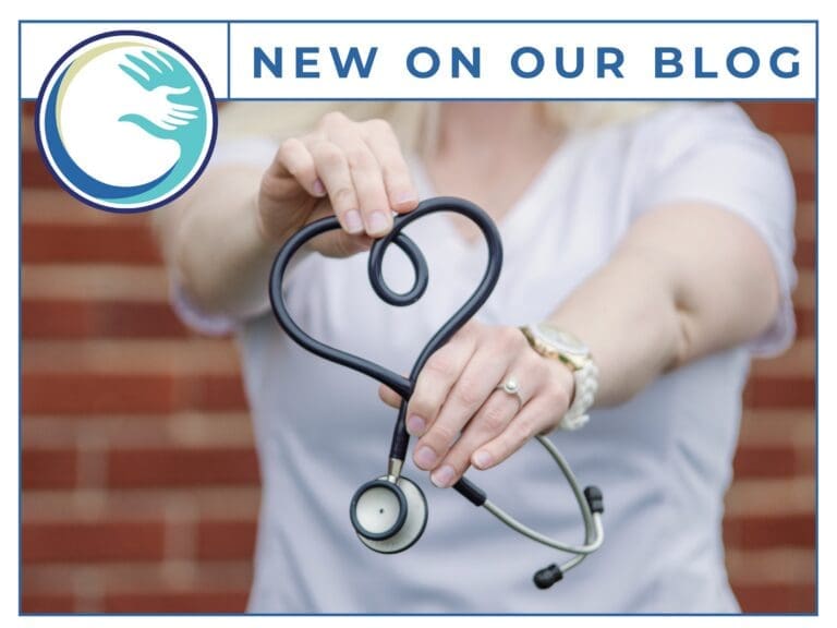 Hands shaping stethoscope into heart shape.