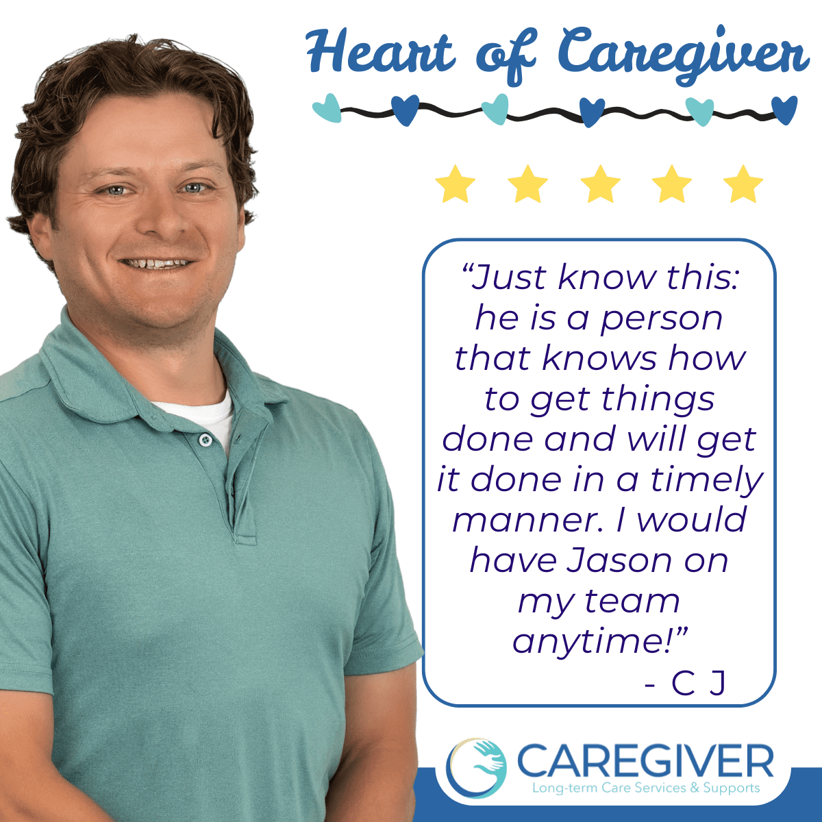 Man smiling with a positive testimonial text.