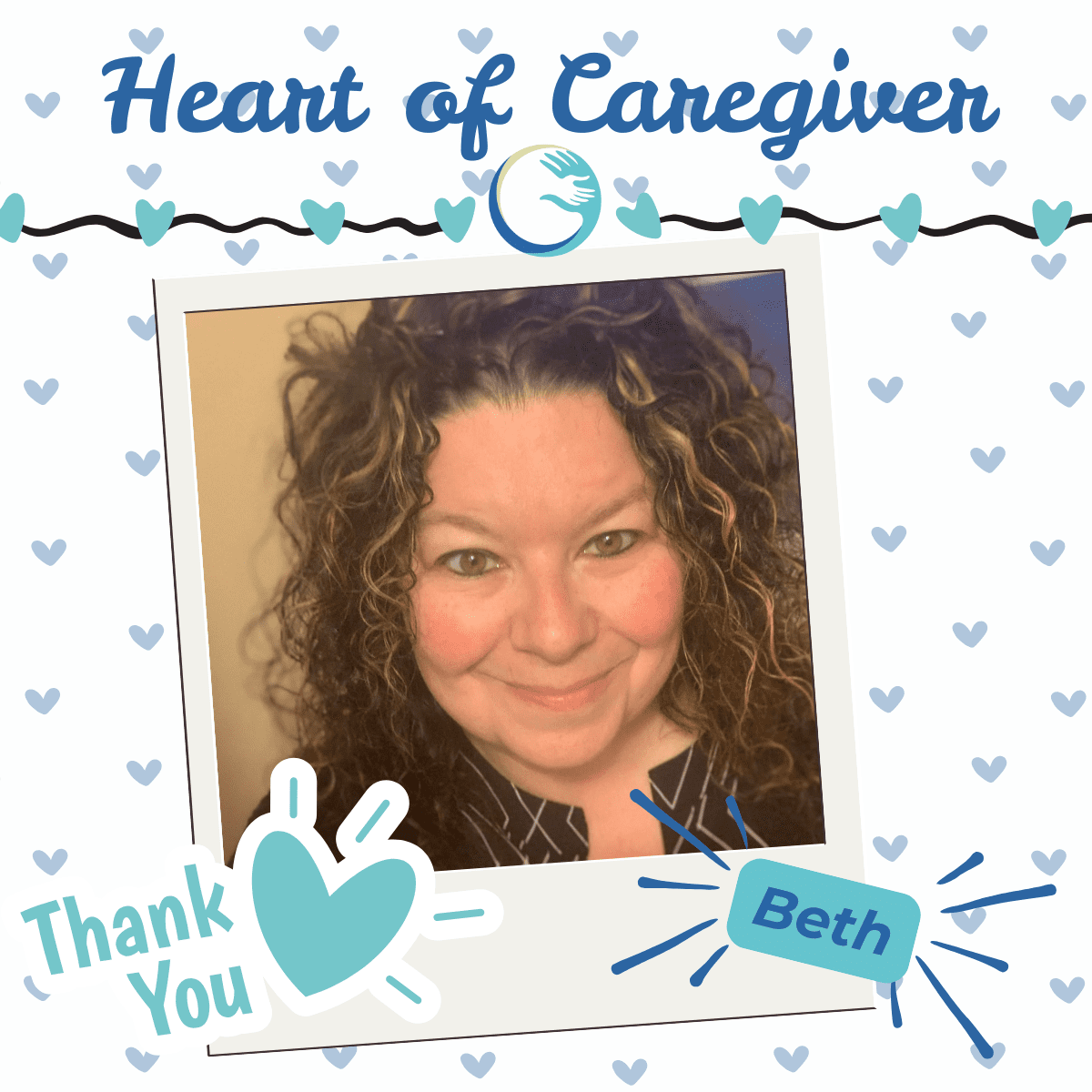 Smiling woman in caregiver appreciation frame.