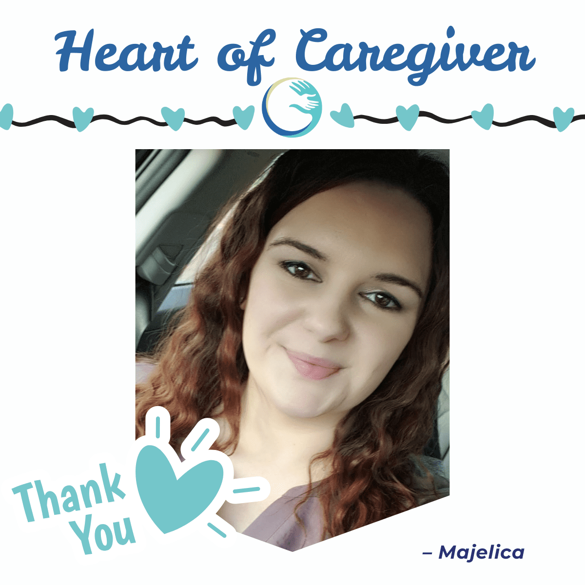 Smiling woman with "Heart of Caregiver" text.