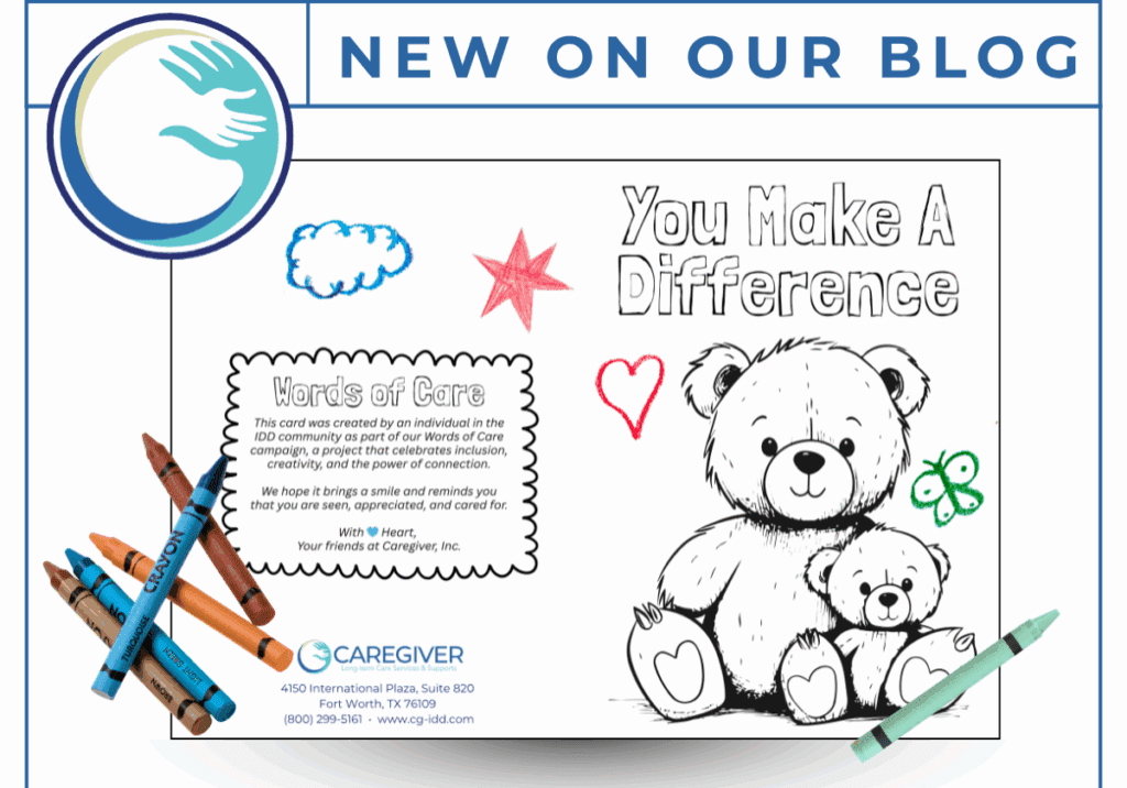 Coloring page with teddy bears and crayons.